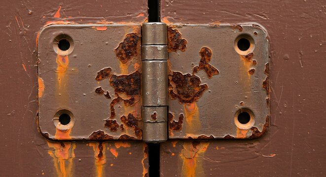 A close up of a rusty metal hinge attached to a brown painted surface with visible corrosion spots