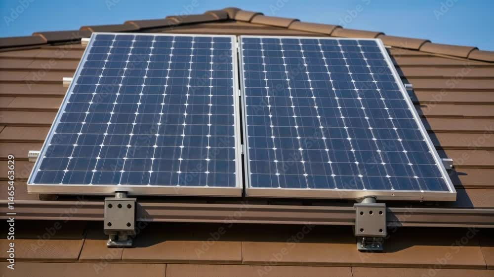 Poster A medium closeup of solar panels mounted on the roof angled for maximum sun exposure while demonstrating weatherresistant attachments suitable for extreme climates.