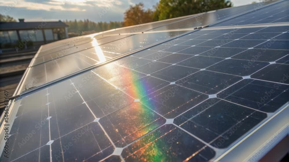 Poster a medium closeup of sunlight hitting the clean surface of a solar panel reflecting vibrant patterns 