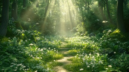 Obraz premium Sunlit forest path, lush greenery, wildflowers