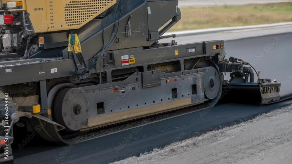 Aufkleber A medium closeup of the articulated joints on an autonomous road paver displaying the complex engineering allowing for flexible maneuvering across different surface gradients.