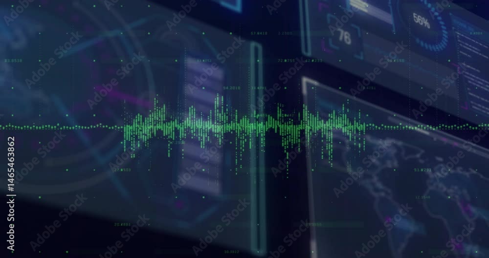 Poster neon green waveform glowing across blue interface displaying data points charts moving flat-design