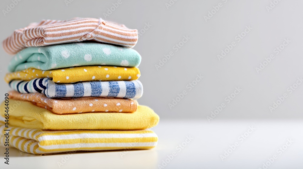 Aufkleber Stack of Neatly Folded Baby Clothes in Soft Colors Displayed Against a Minimalistic Background Perfect for Nursery Organization Generative AI