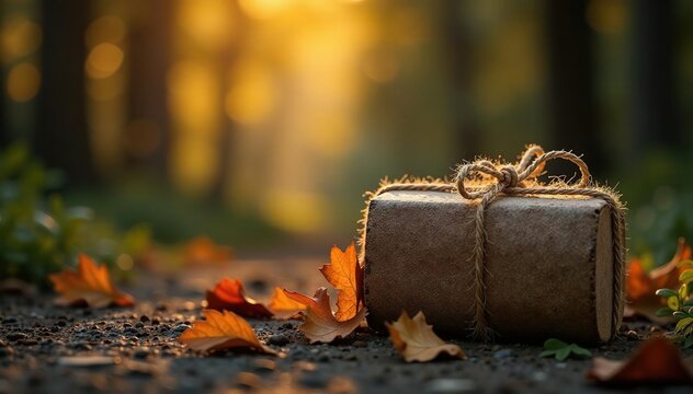 Soft light illuminates rustic twine-tied parcels , package, packaging