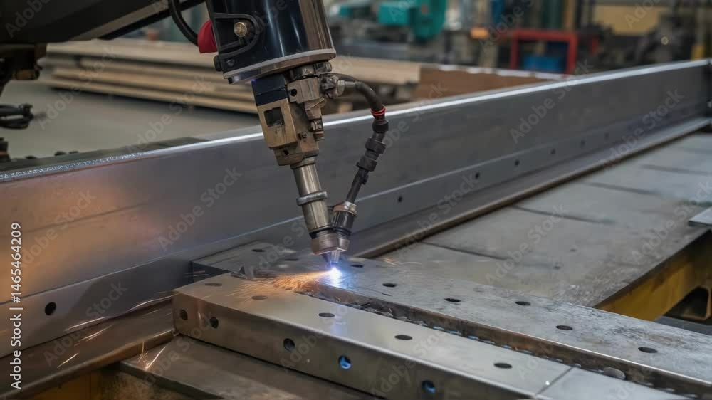 Poster A medium closeup of the joint between two steel plates being welded displaying the precision of the robotic welder in forming a seamless connection.