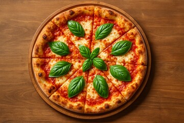 Overhead view of a freshly baked margherita pizza with golden crust, melted mozzarella cheese, and vibrant tomato sauce, garnished with green basil leaves on each slice. 