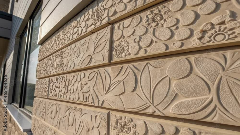 Poster a medium closeup of the textured surface of a facade panel featuring modern materials designed for a