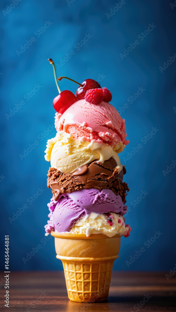 Poster a stack of colorful ice cream cones on a table against a blue background.