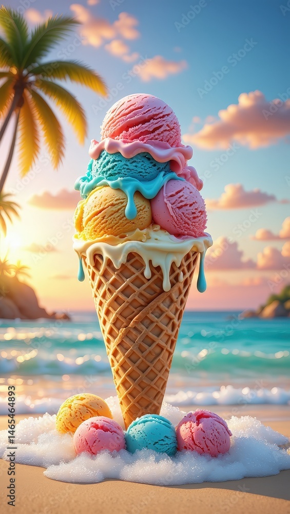 Poster a tropical beach scene featuring a large ice cream cone with three scoops of colorful ice cream.