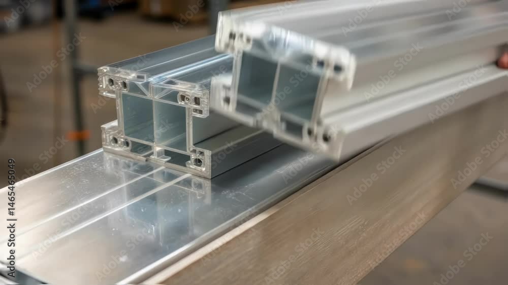 Poster a medium closeup of two transparent aluminum sections being joined together in a construction setup 