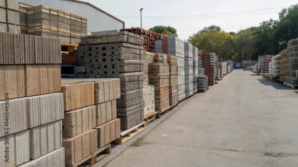 Fototapete a medium closeup photograph of a storage yard filled with neatly stacked recycled concrete blocks wi