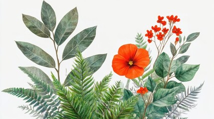 Obraz premium Vibrant botanical illustration featuring lush greenery and bright orange flower