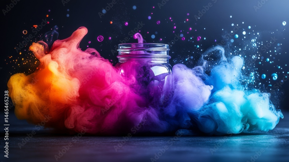Poster creating a dynamic artistic scene, a vibrant splash of colors emerges from a container