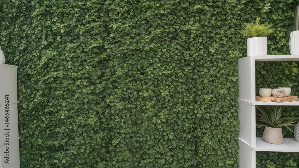 Poster a medium closeup shot featuring the contrast between a dense green wall and a minimalist white shelf