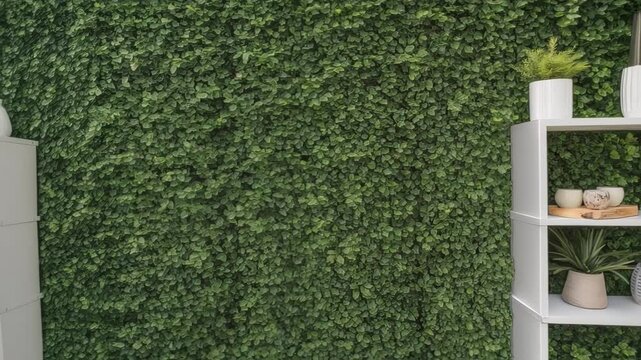 A medium closeup shot featuring the contrast between a dense green wall and a minimalist white shelf displaying decorative items demonstrating balance between nature and decor.
