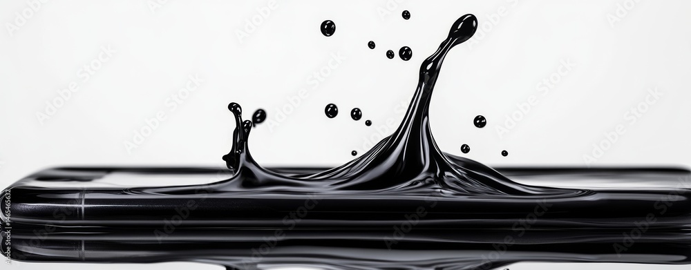 Poster black liquid splashes dynamically to create artistic patterns within a minimalist setting