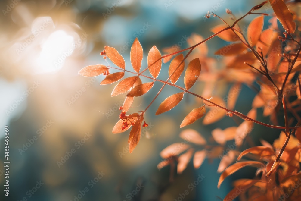 Poster golden sunlight filtering through delicate orange leaves in an autumn forest generative ai