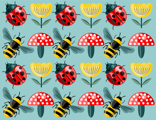 Ladybug, flower, bee and mushroom colorful pattern