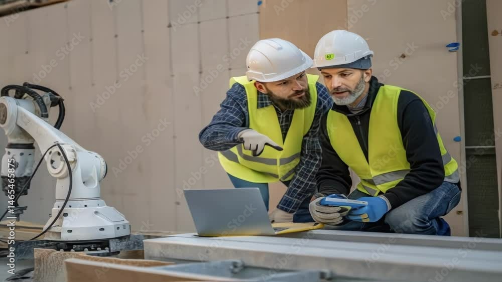 Aufkleber A medium closeup showcasing the robot working alongside a worker highlighting the collaboration between human oversight and robotic efficiency in construction tasks.