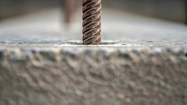 A medium closeup showing the rebar embedded in concrete probing the interaction between the nanoengineered surface and the surrounding material with microdetailed textures in