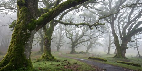 Fototapeta premium Mystical forest scene with ancient trees and pathway in overcast misty atmosphere
