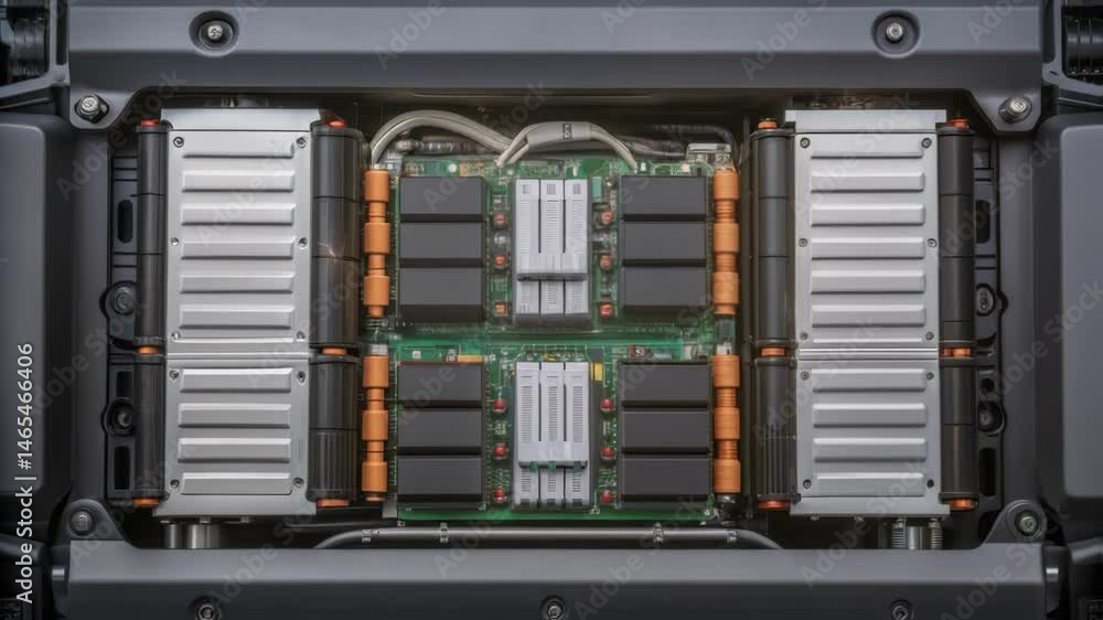 Poster A medium closeup view of a robotic machines power supply system revealing advanced battery technology and energy management features designed for efficiency in longduration tasks.