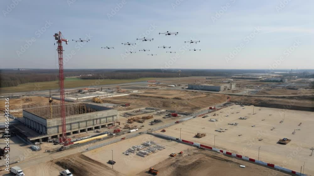 Aufkleber An aerial shot of a drone swarm dispersing over a large construction site depicting the scalability of drone deployment for extensive area monitoring.