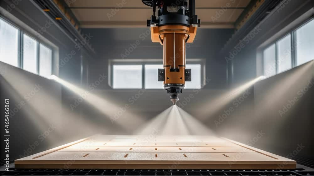 Aufkleber An angular shot of a robotic arm displaying its range of motion while carefully aligning a ceiling tile with dust particles illuminated in the beams of light streaming through a