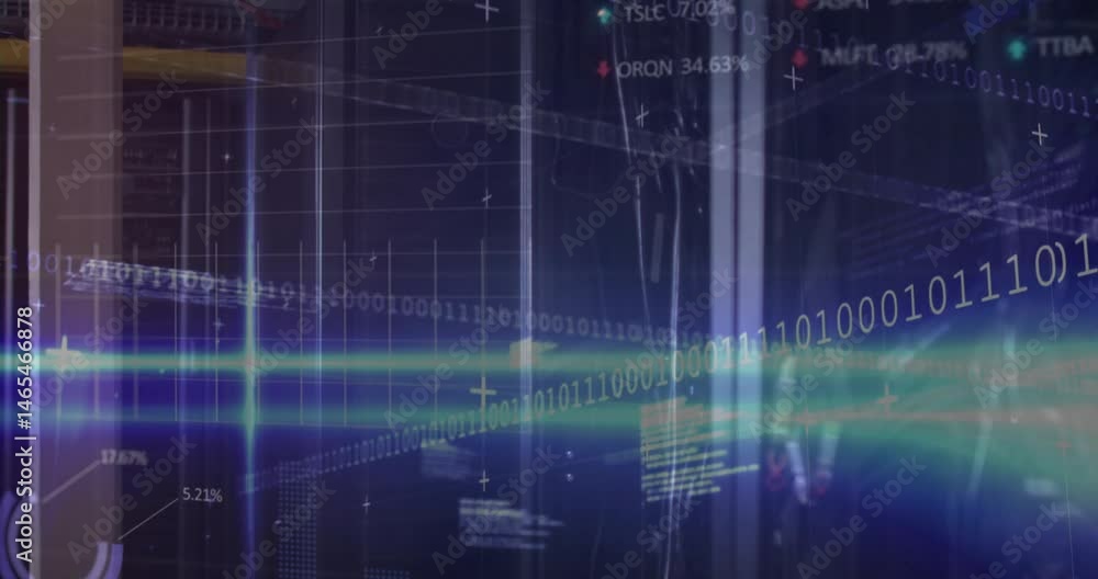 Poster binary code being animated on dark grid, showing percentage labels, arrows, ticker symbols