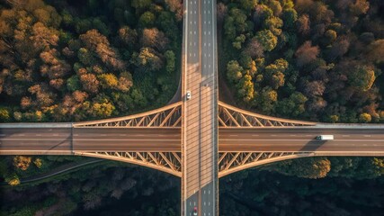 An aerial medium closeup of the bridges entire span revealing its customized silhouette against the landscape where the design complements the natural topography in a harmonious