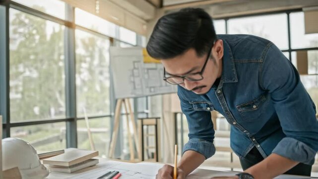 An architects hand sketching modifications on a modular design plan set in a bright office space filled with scale models and architectural tools.