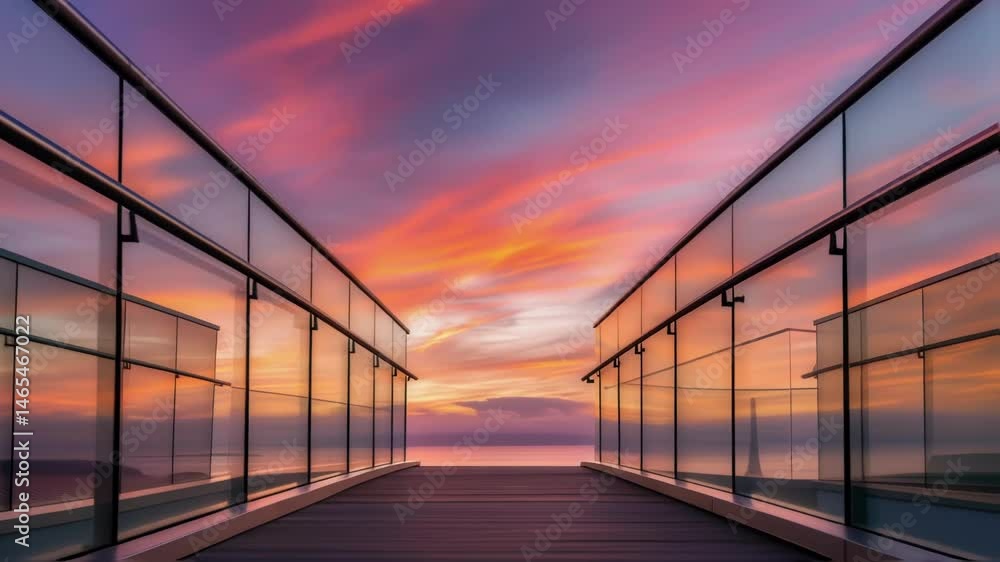 Poster An artistic angle capturing the transparent panels in the railing framed by a sunset with vibrant colors reflecting off the glass symbolizing harmony between nature and technology.