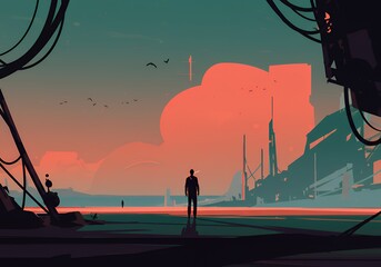 Fototapeta premium Solitary Figure Contemplates PostApocalyptic Sunset Landscape
