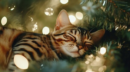 A Bengal cat cozy in lush greenery, surrounded by soft bokeh lights, radiating holiday warmth. Perfect Christmas tree decor. New Year vibes. Generated with AI.