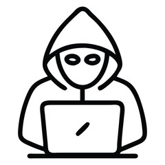 Outline depicts hooded figure working on laptop with a simple black line