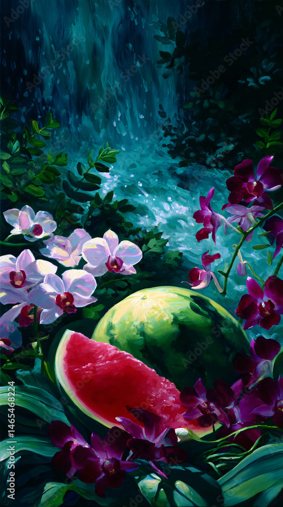 Aufkleber watermelon surrounded by orchids and a flowing waterfall, creating a vibrant and refreshing scene.