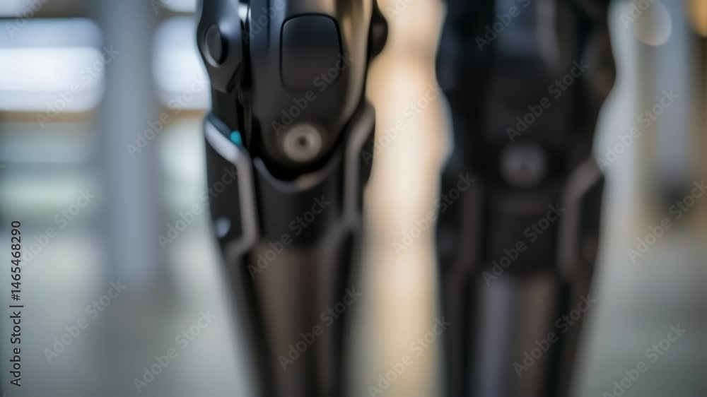 Poster An intricate closeup focused on the knee joint of the exoskeleton illustrating the advanced hydraulics that allow for smooth bending and lifting movements.