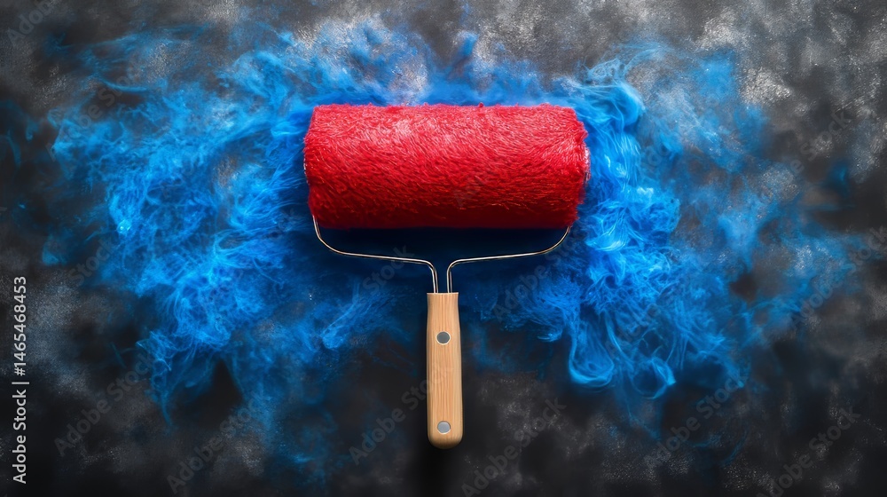 Poster vibrant colors are produced by a paint roller as it creates dynamic patterns in smoke clouds