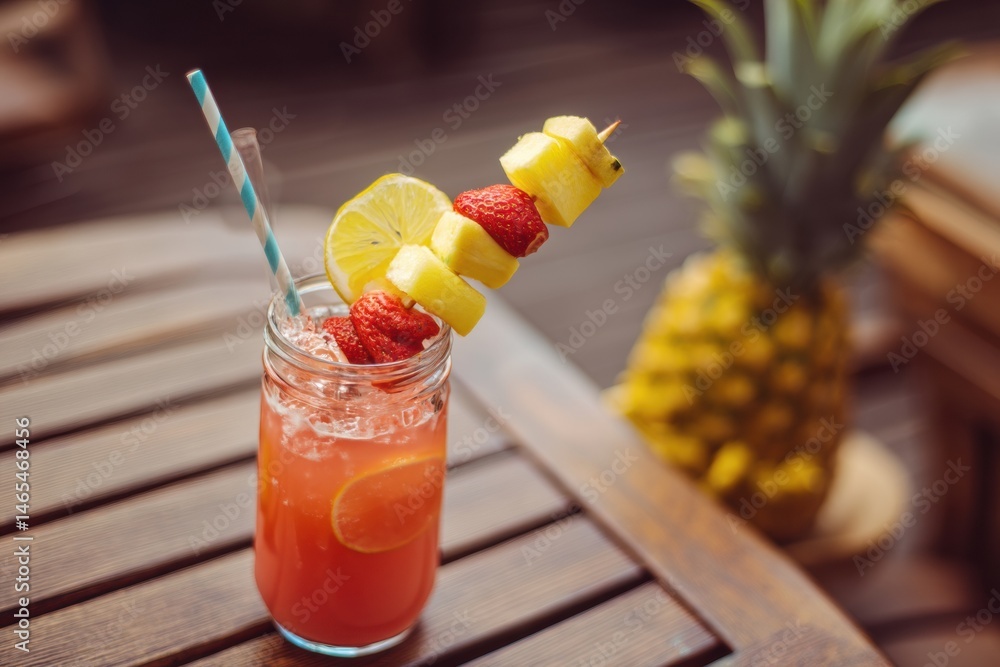 Poster refreshing tropical drink with paper straw and colorful fruit skewers on wooden table by a vibrant p
