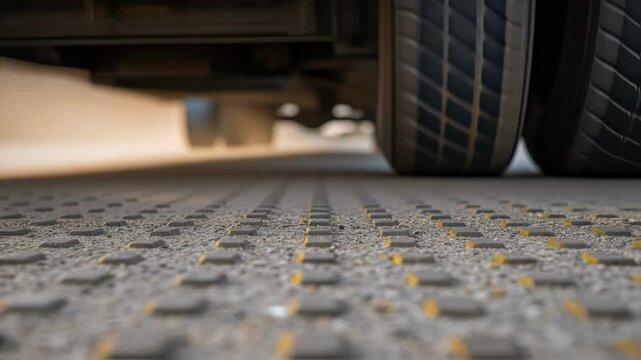 An intricate closeup view of a series of piezoelectric sensors embedded in a construction sites pavement with gravel and dust particles accentuating the sensors surface during a