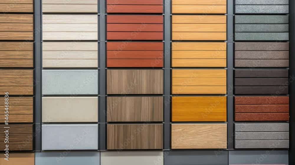 Aufkleber An overhead medium closeup of various cladding samples laid out in a showroom providing a clear view of different textures colors and finishes available for modern construction.