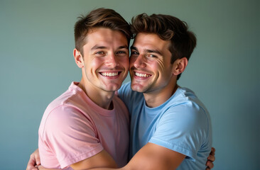Obraz premium Joyful hugs of two men in bright casual clothes on a green background. a male couple in love. LGBT Pride month