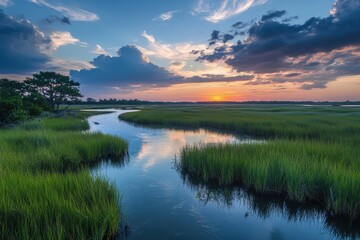 Fototapeta premium Serenity of Sunset: A Tranquil View of the Marshy Matanzas River in St. Augustine, Florida