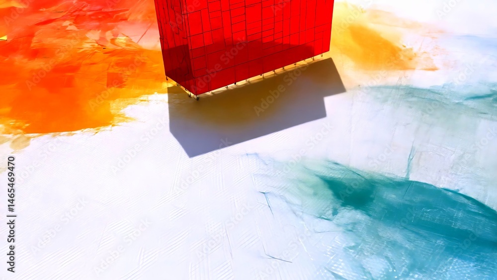 Poster translucent red architectural structure projecting geometric shadows across vivid orange, white, tea