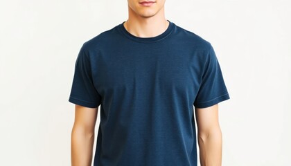 Male Torso Showing Fashionable Round Neck Casual T-Shirt in Dark Blue Hue on a Bright White Background