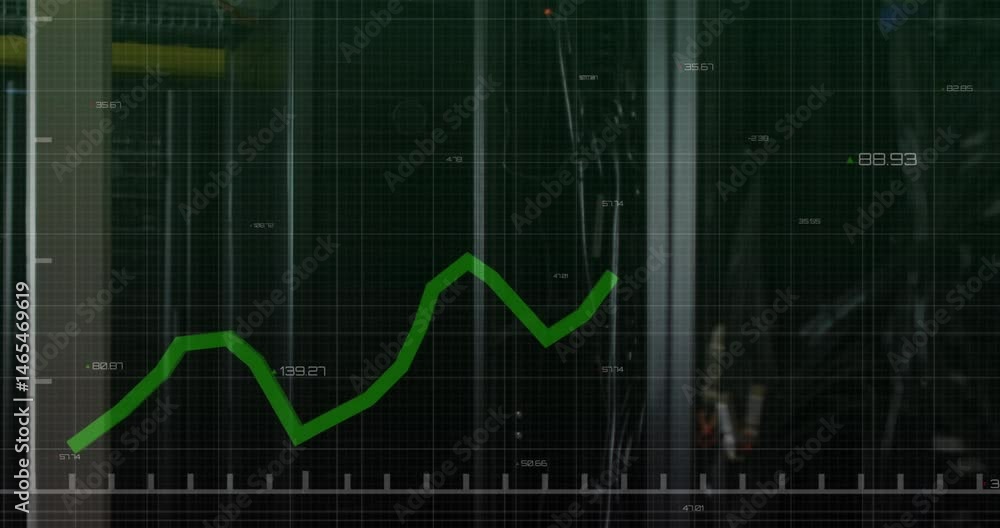Poster green zigzag line graph plotting data trends on digital screen, with grey gridlines, numeric labels