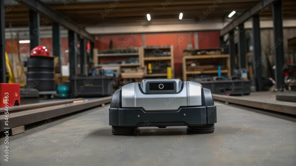 Poster A robotic machine resting on a workshop floor surrounded by steel beams and tools its sleek design contrasting with the rugged environment of steel fabrication.
