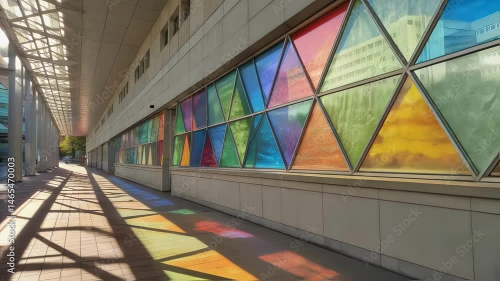Aufkleber A series of triangular glass prisms on a building facade that refract light in various colors transforming the sunlight into a dynamic visual display enhancing both energy