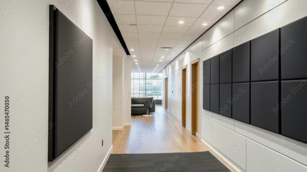 Poster a sleek black acoustic panel against a white wall capturing the elegant design choice for profession
