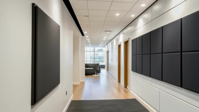 A sleek black acoustic panel against a white wall capturing the elegant design choice for professionals seeking both style and sound functionality in their office environment.